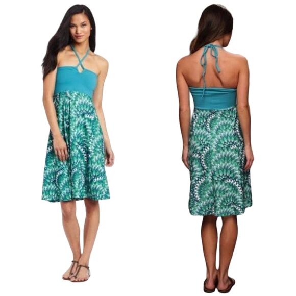 PrAna Casual Summer Dress Size Small Printed Blue Green Vacation Tropical Halter - Picture 2 of 5